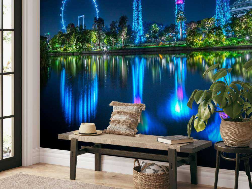 Arbres lumineux futuristes au bord de l'eau.