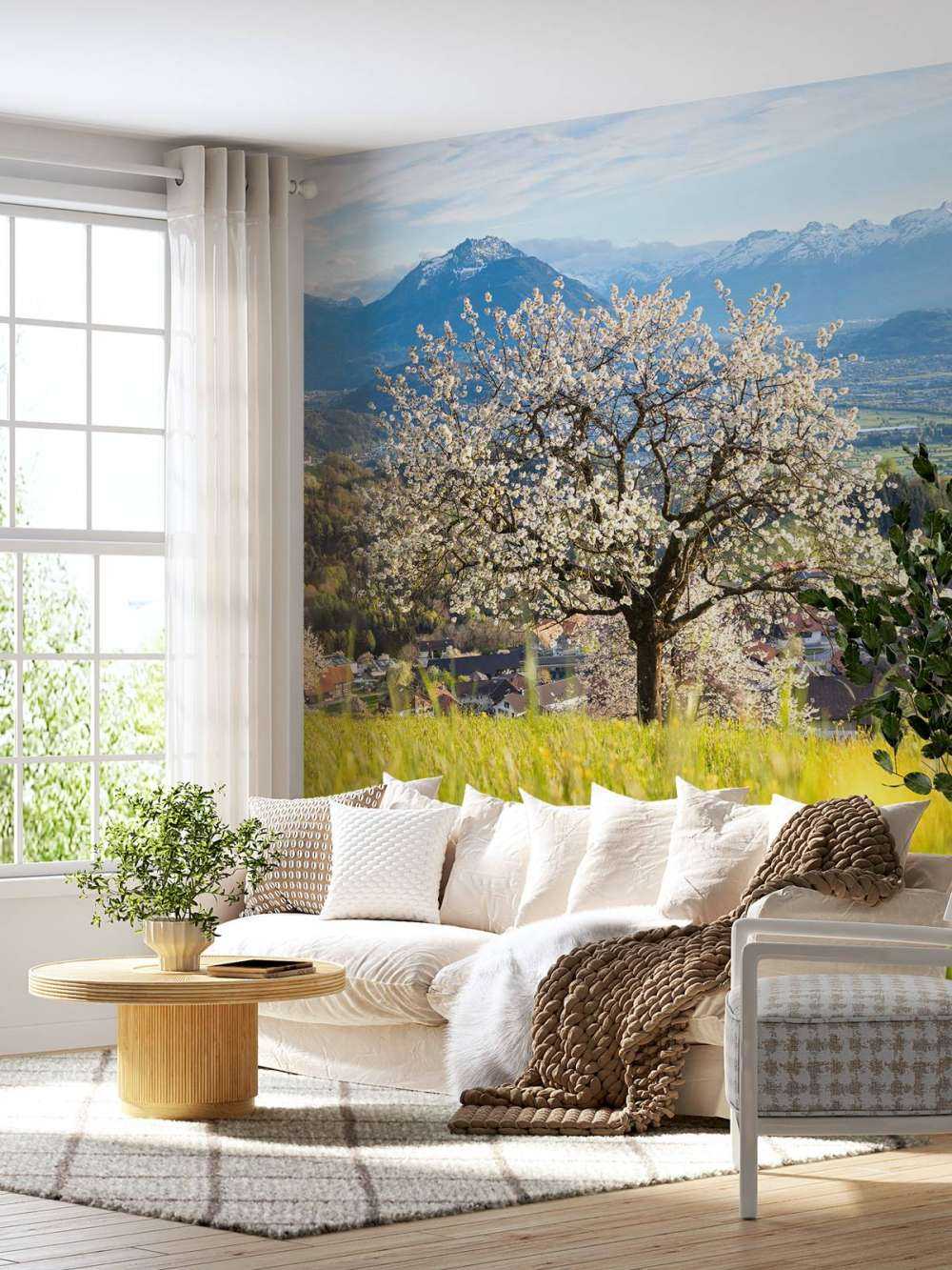 Cerisier en fleurs dans une prairie alpine