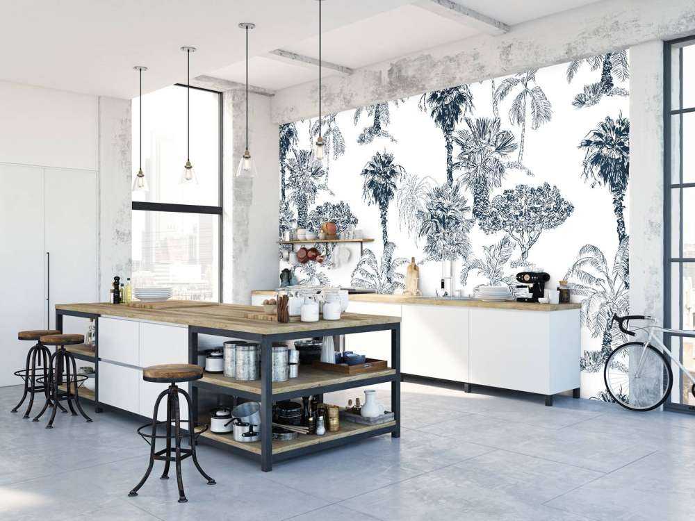 Palmiers et arbres tropicaux bleu canard