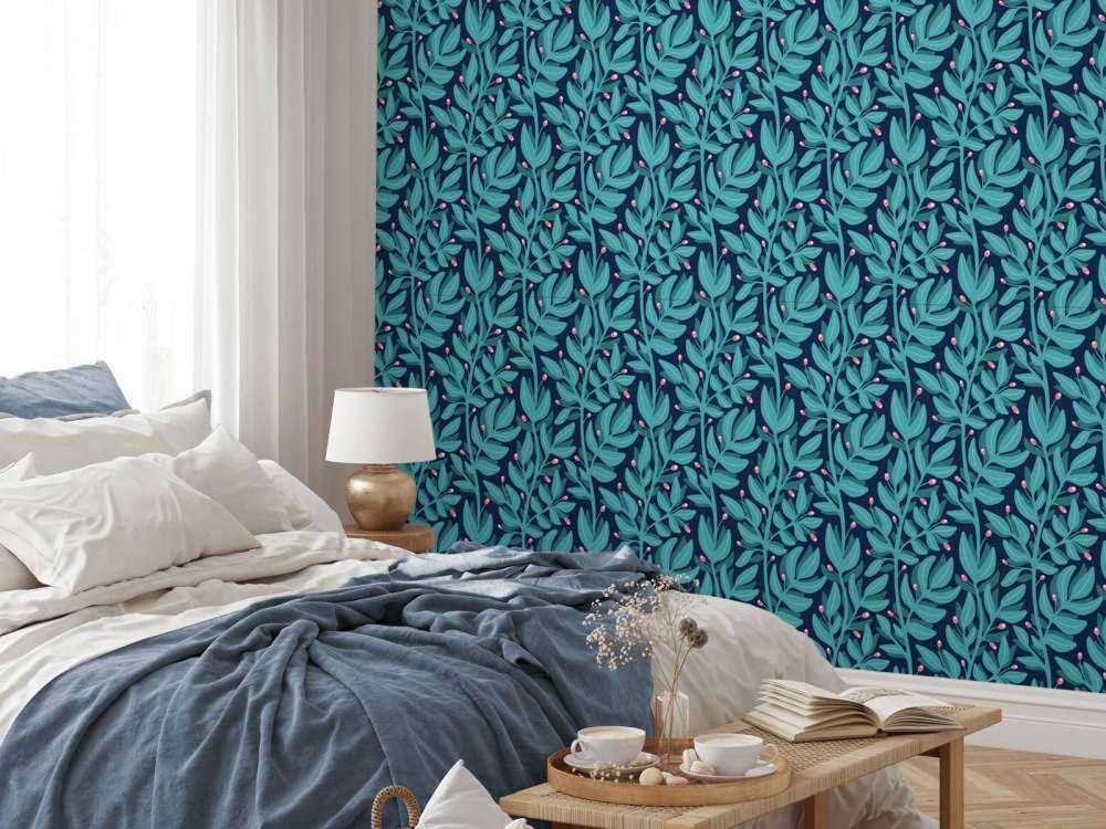 Motif petites branches bleu canard