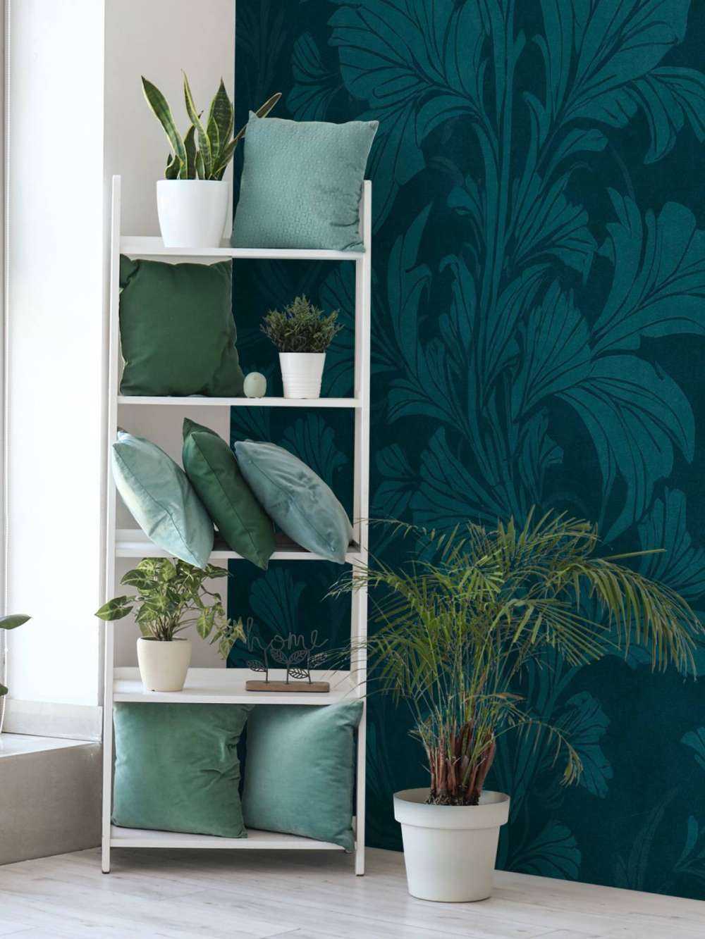 motif damassé ornemental monochrome de style William Morris vert émeraude et sarcelle