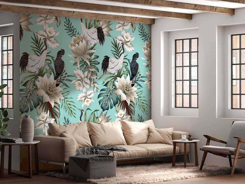 Grues couronnées et perroquets