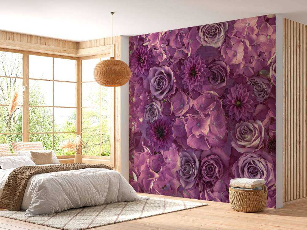 Hortensias mauves, roses et dahlias