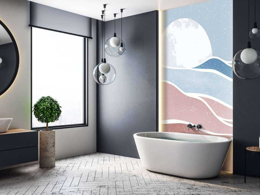 Vagues océaniques colorées avec la lune