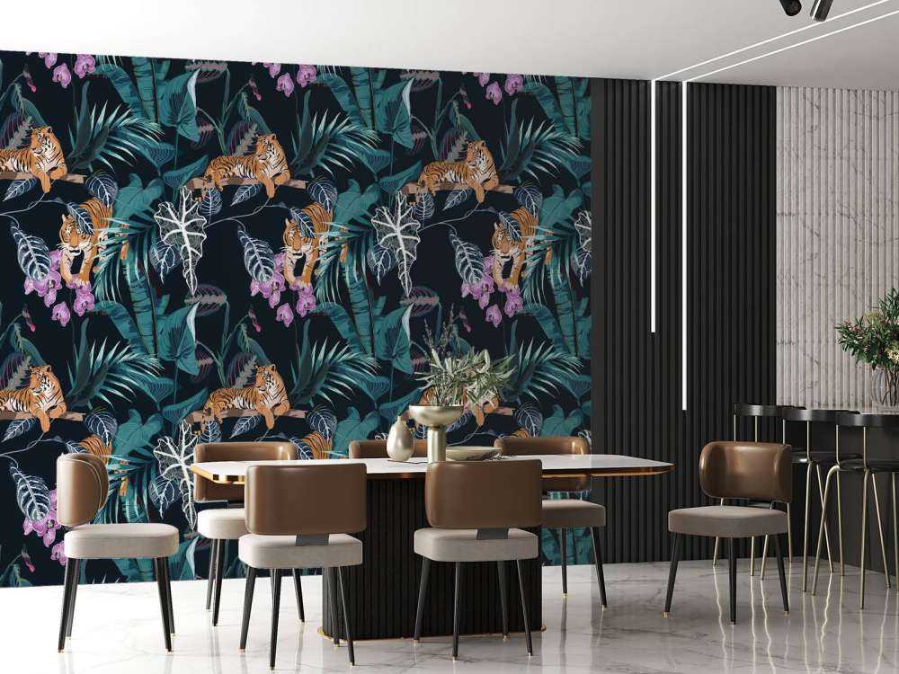 Tigres, feuilles et fleurs