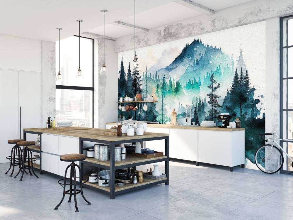 Forêt en aquarelle bleu canard