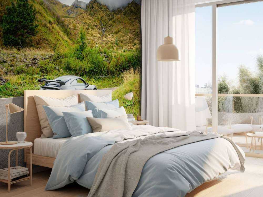 Voiture de sport dans le brouillard de montagne