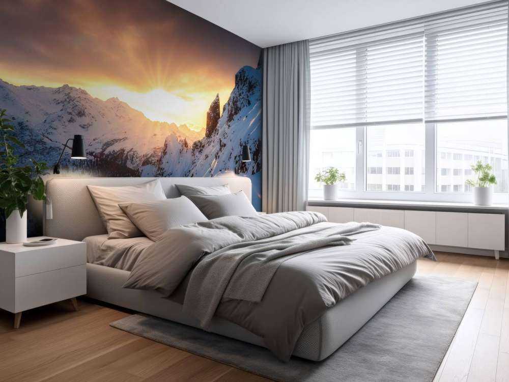 Soleil du soir derrière les sommets enneigés