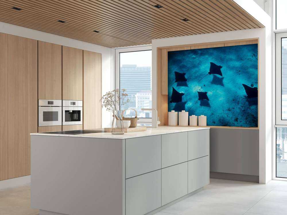 Les raies manta flottant à travers le récif bleu profond