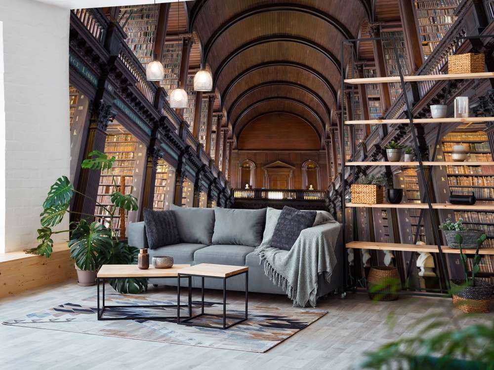 Salle de livres classiques avec des arcs