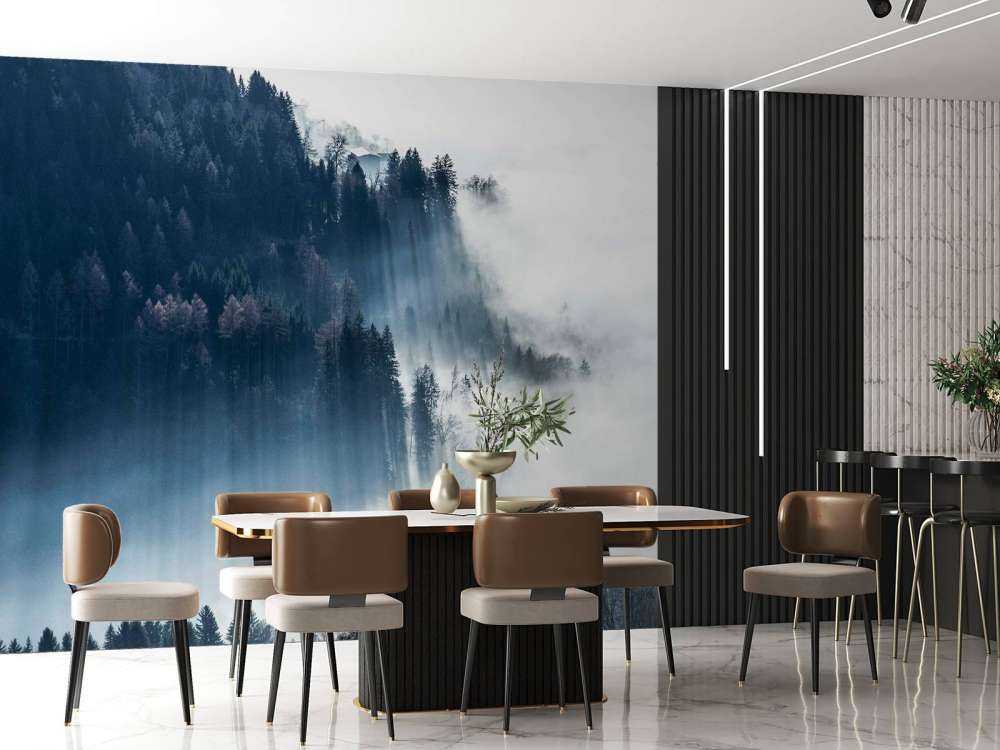 Lumière du matin dans la forêt brumeuse.