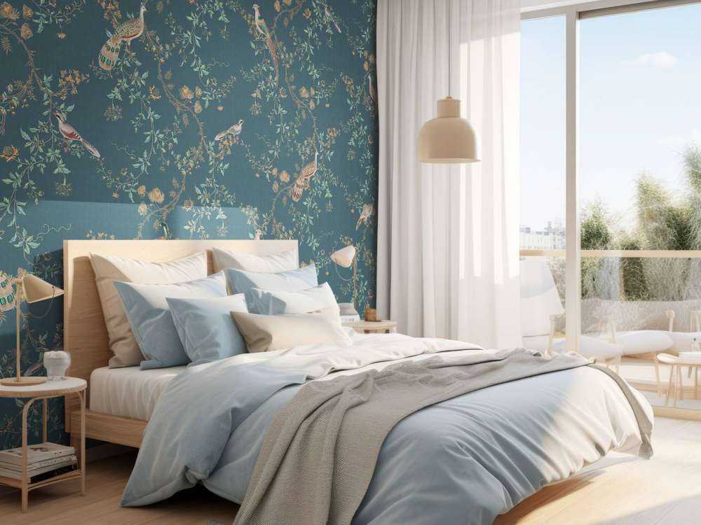 Faisans dans la splendeur des fleurs bleu nuit.