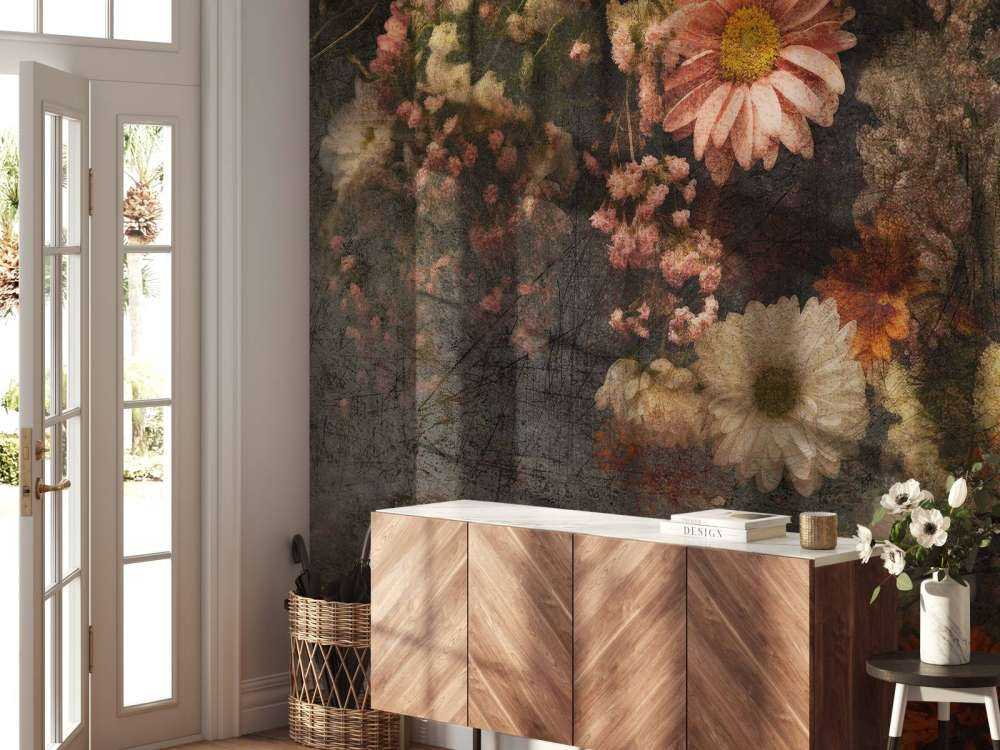 Champ de fleurs en huile vieillie