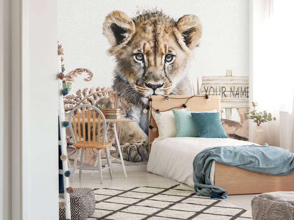 Bébé lion dans la jungle taupe