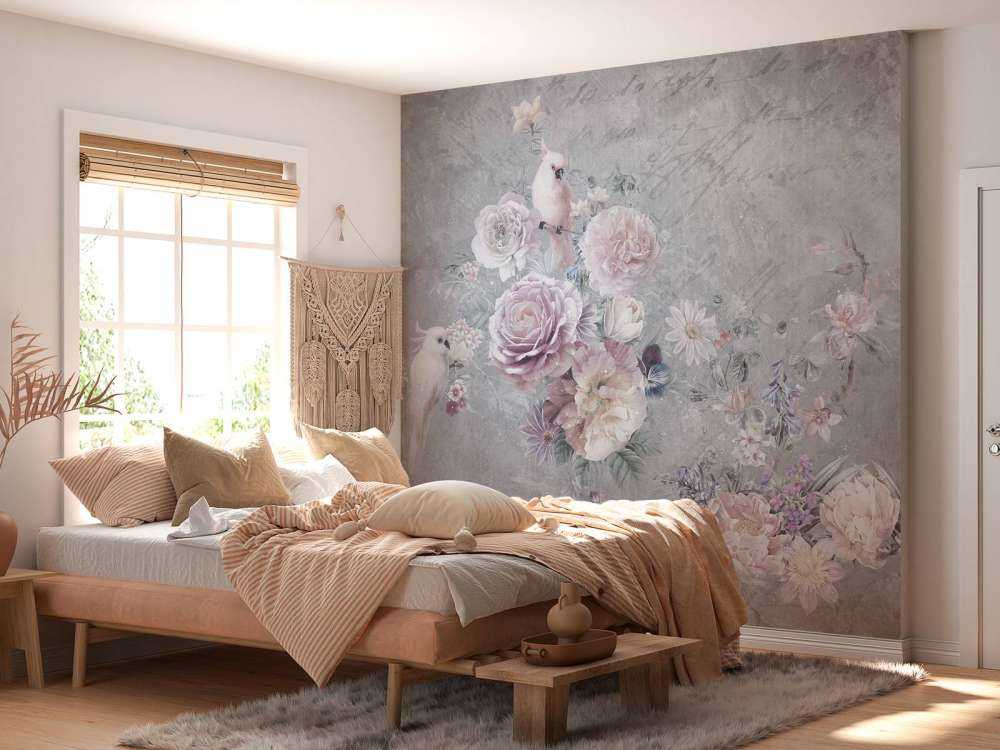 Cacatoès romantique et couronne de fleurs