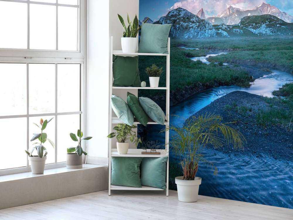 Lumière du soir sur la vallée de montagne avec ruisseau