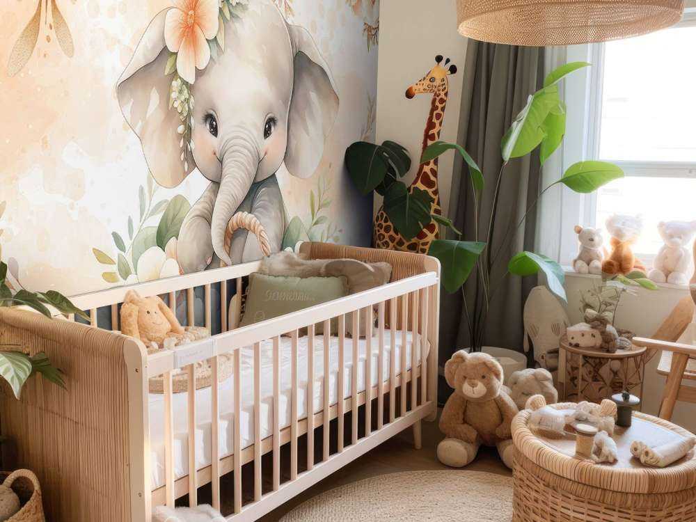 Éléphant ombragé dans un panier de fleurs