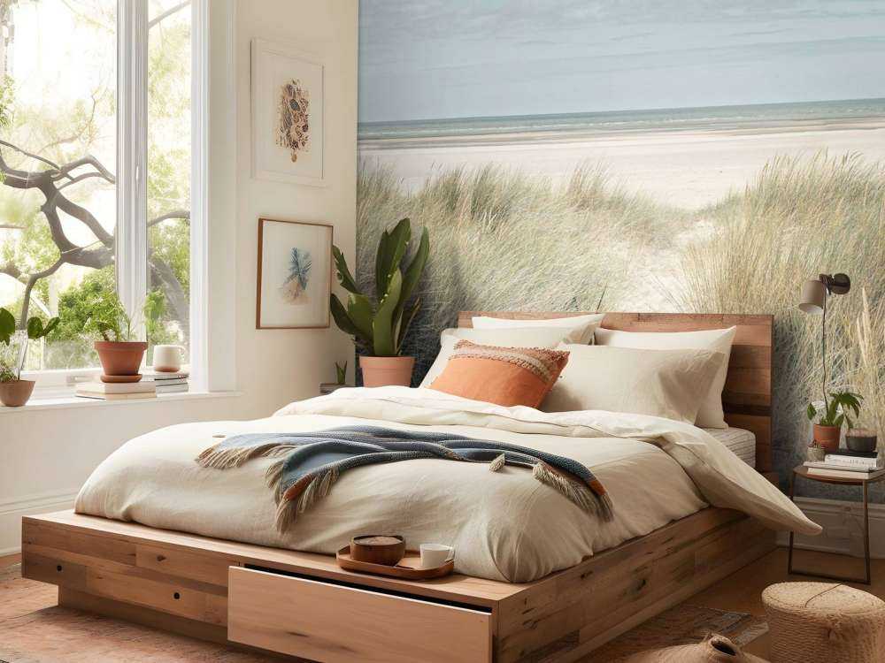 Dunes de sable herbeux sur la côte sous un ciel bleu