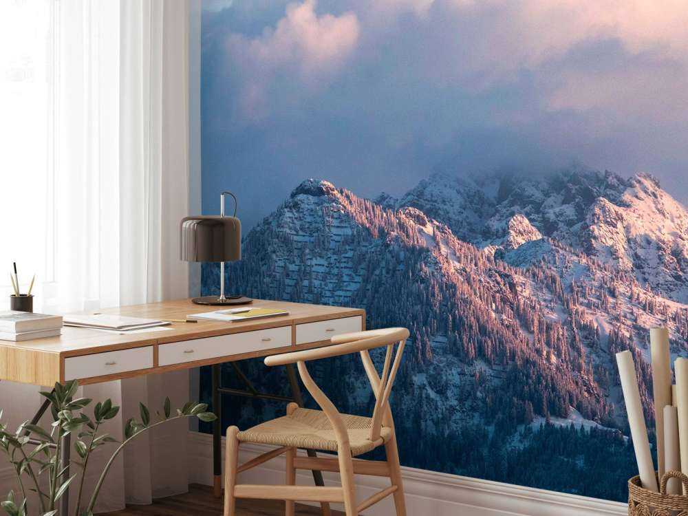 Lumière d'hiver rose sur les sommets des montagnes