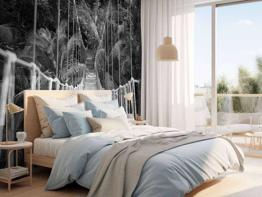 Pont en bois entre des palmiers