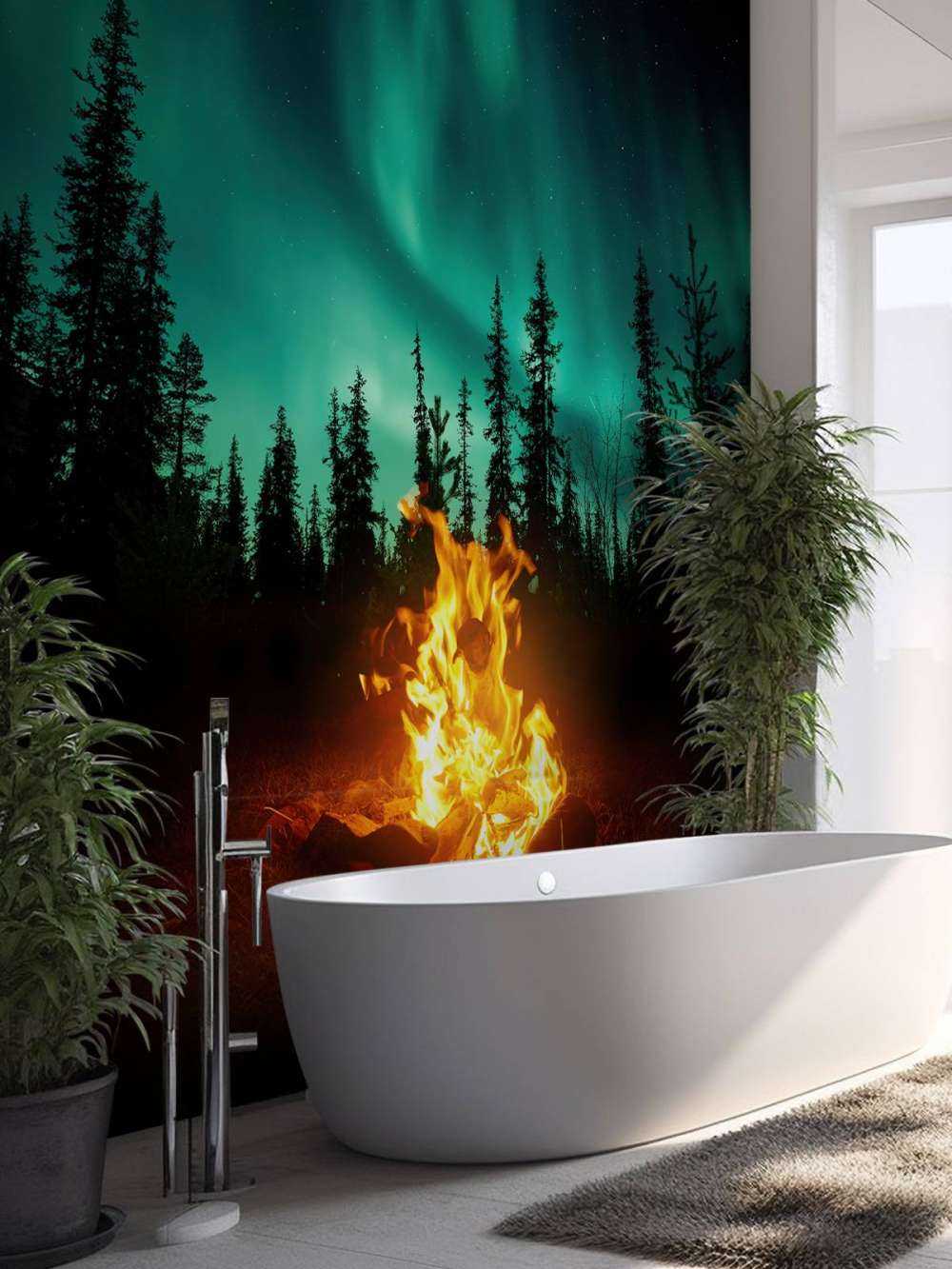 Feu de camp sous les aurores boréales