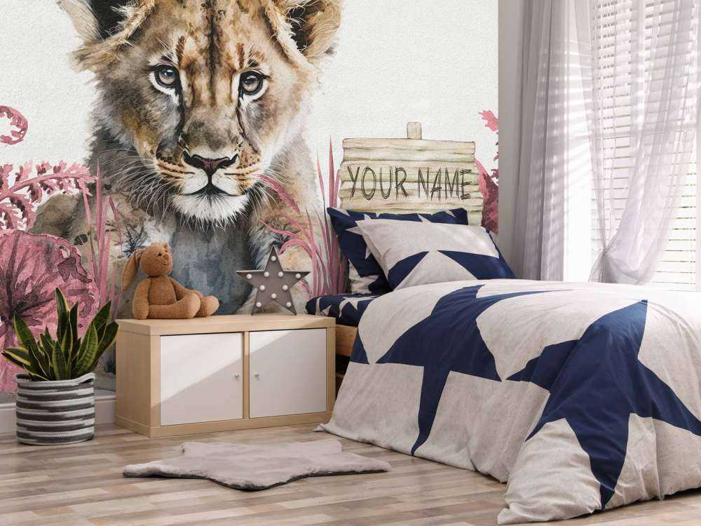 Bébé lion dans la jungle rose