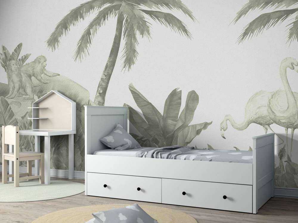 Singes et flamants roses en vert d'eau