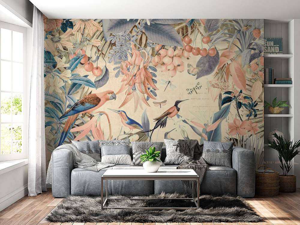 Perroquets tropicaux, jardin jungle pastel