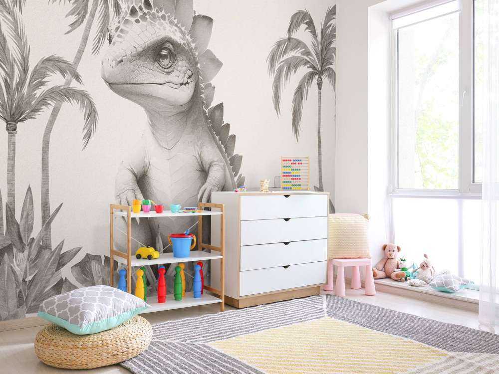 Bébé stégosaure dans la jungle beige