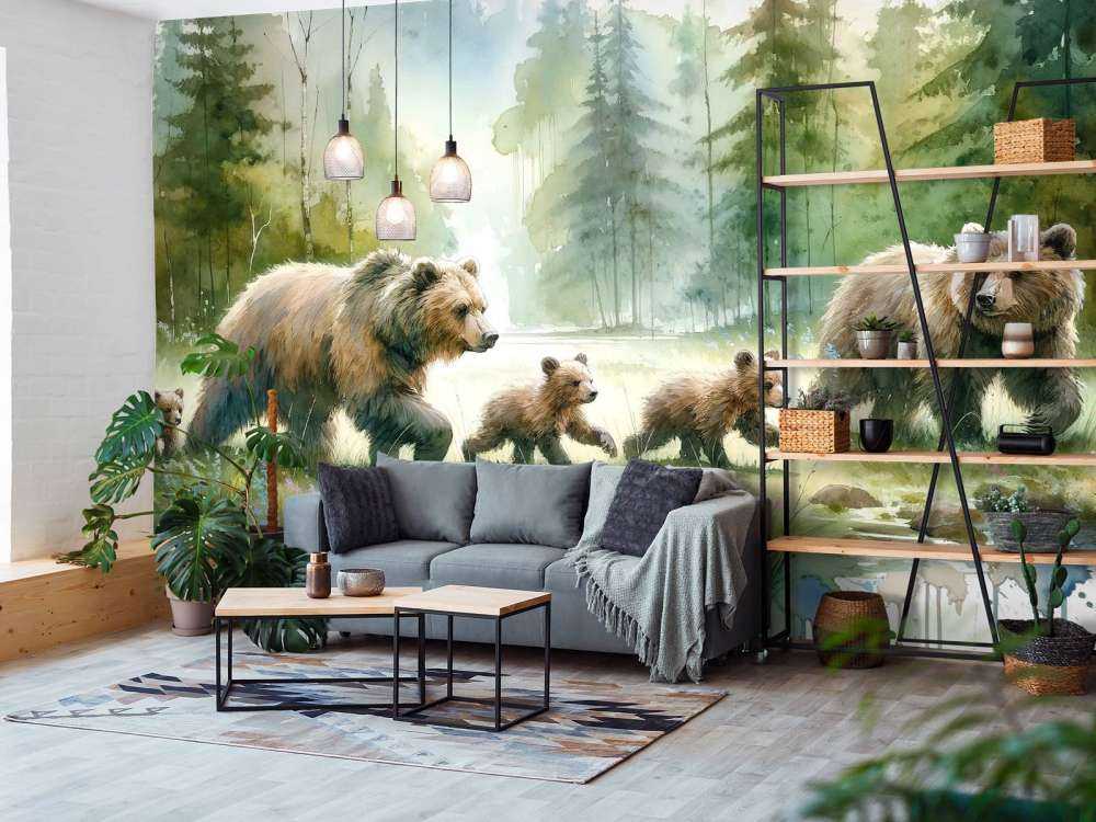 Watercolor Bear Family In The Forest