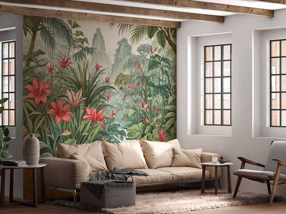 Forêt tropicale de lys dans la brume du matin