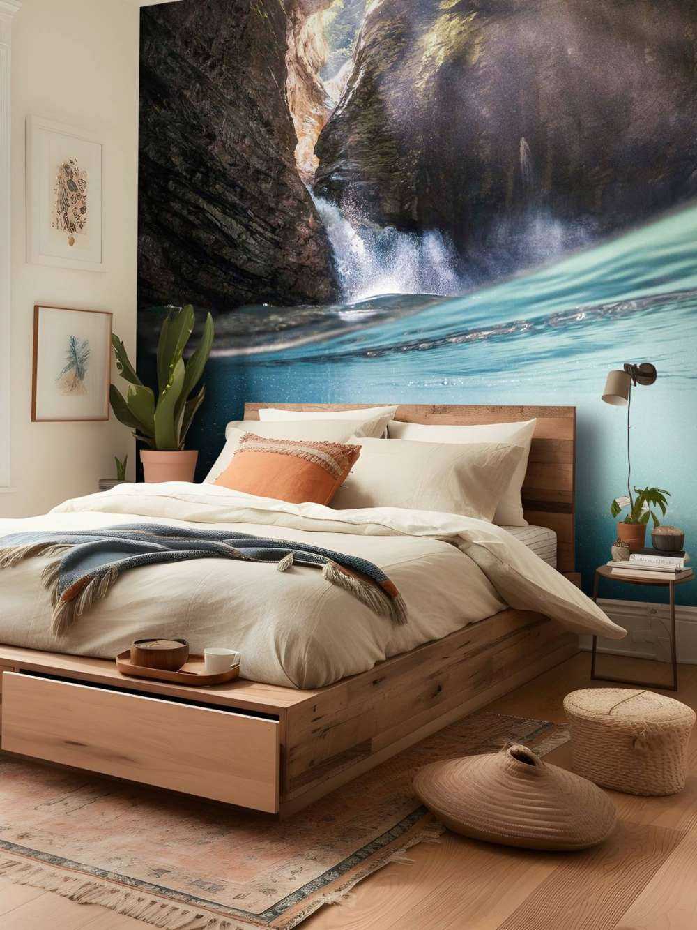 Lumière du soleil dans un ravin de montagne avec une cascade