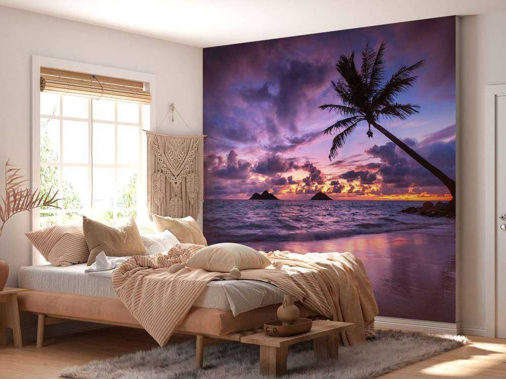 Côte tropicale au coucher du soleil violet