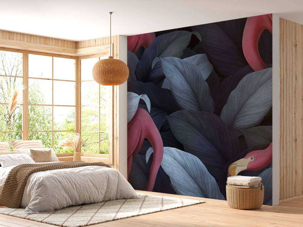 Flamants roses avec des feuilles bleues