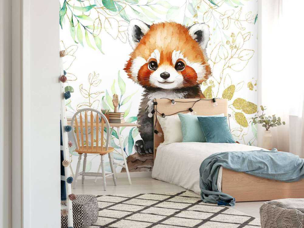 Panda rouge mignon et feuilles