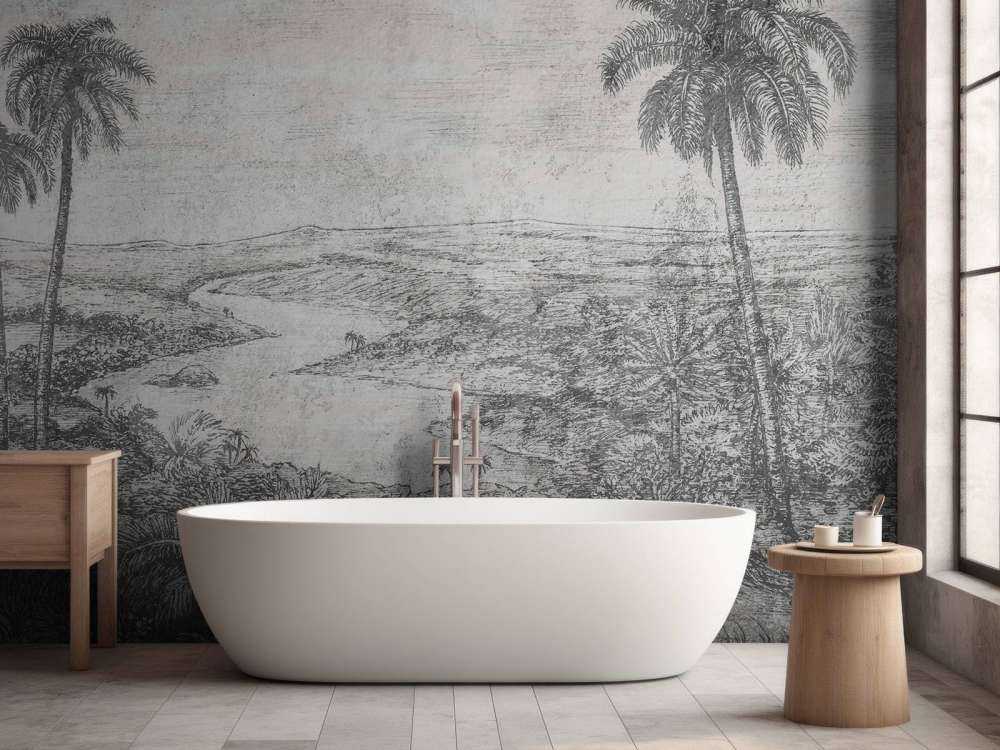 Paysage de palmiers en style gravure grise