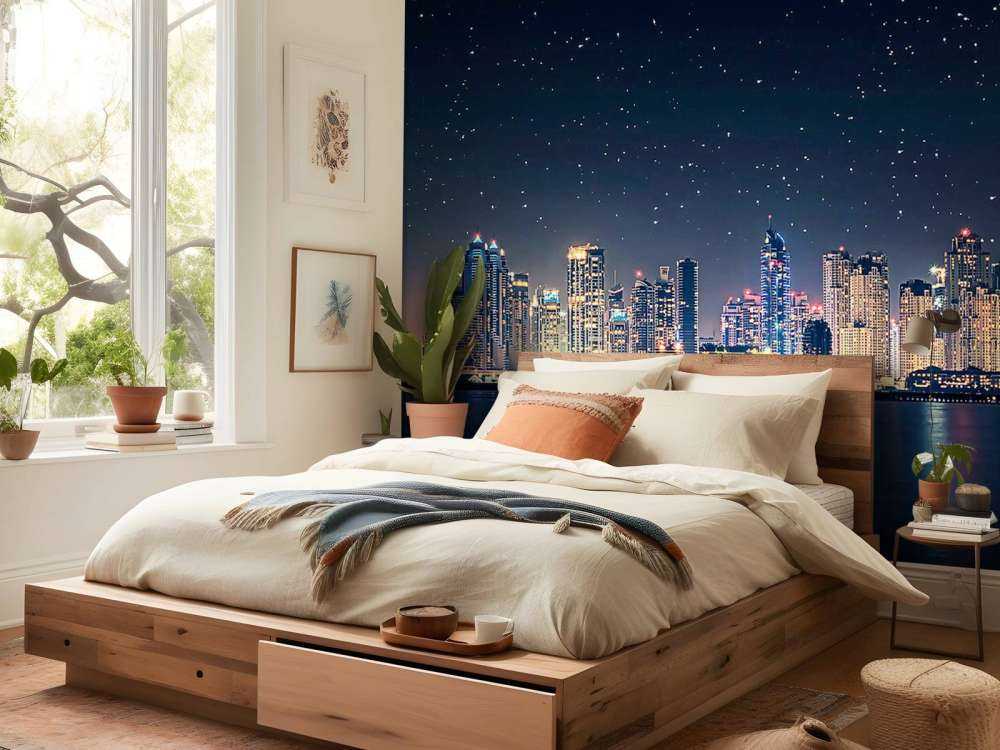 Lumière lunaire sur l'horizon urbain scintillant.