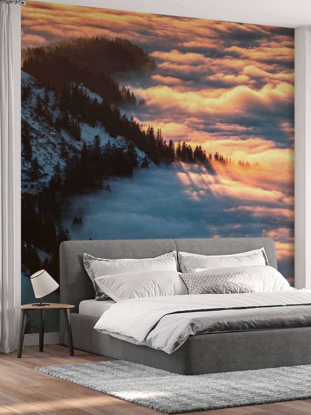 Lueur du matin sur une forêt de montagne brumeuse