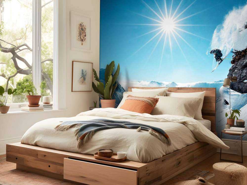 Saut libre dans un paysage enneigé baigné de soleil