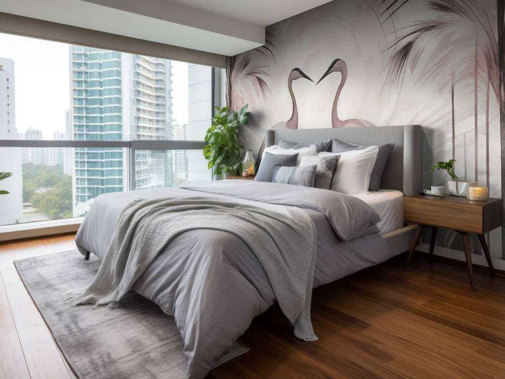 Grues au coucher du soleil rose