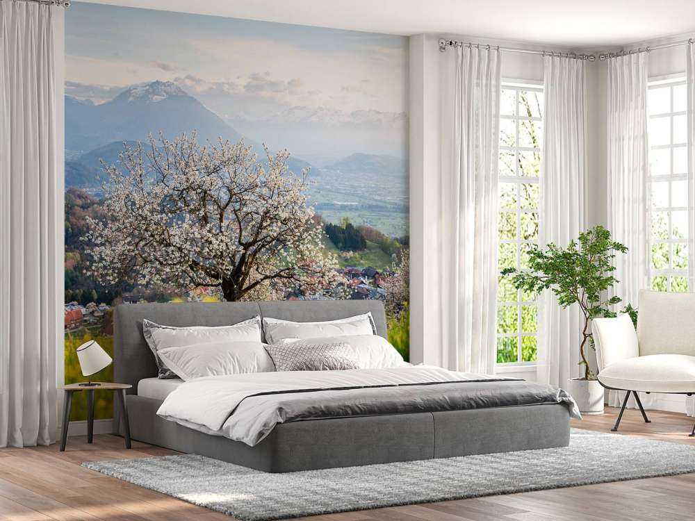 Arbre en fleurs dans la vallée de montagne au soleil de printemps.