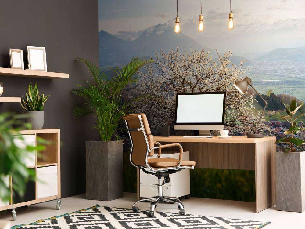 Arbre en fleurs dans la vallée de montagne au soleil de printemps.