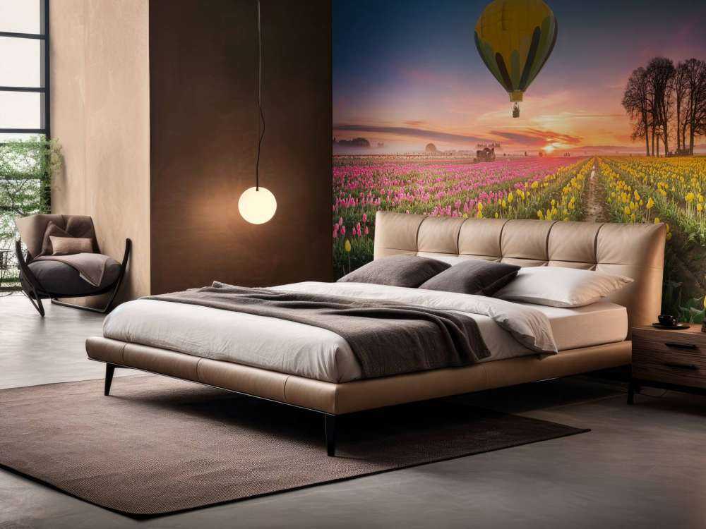 Champ de tulipes jaunes et roses