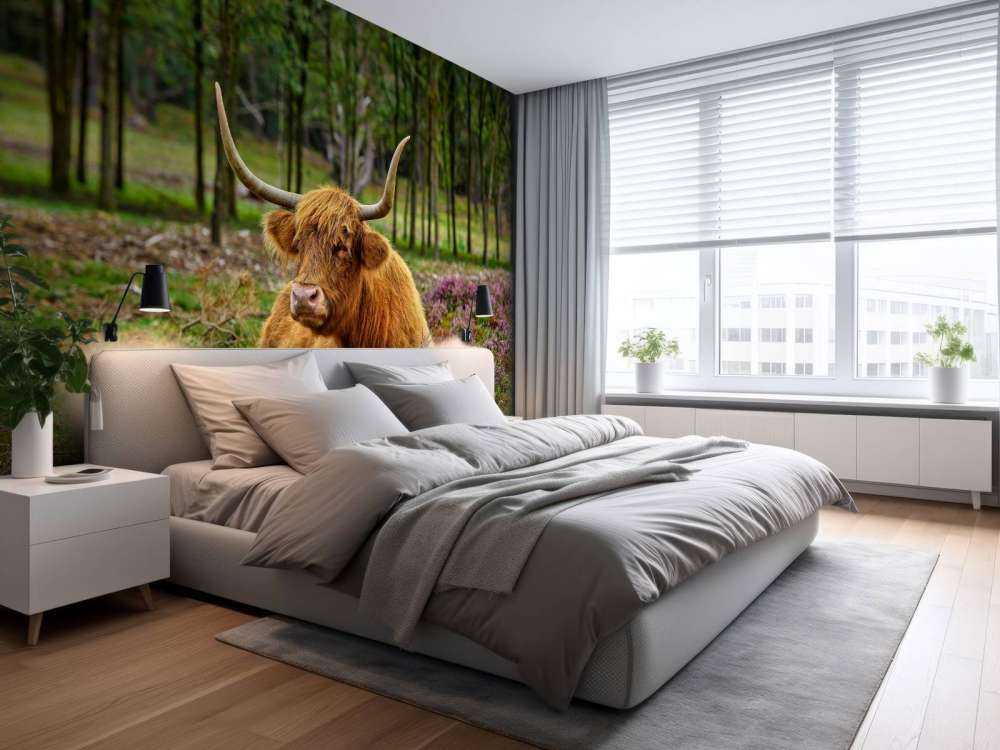 Highland écossais dans la bruyère violette