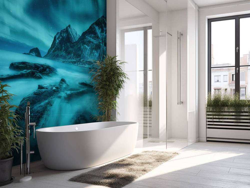 L'aurore boréale bleue avec les montagnes