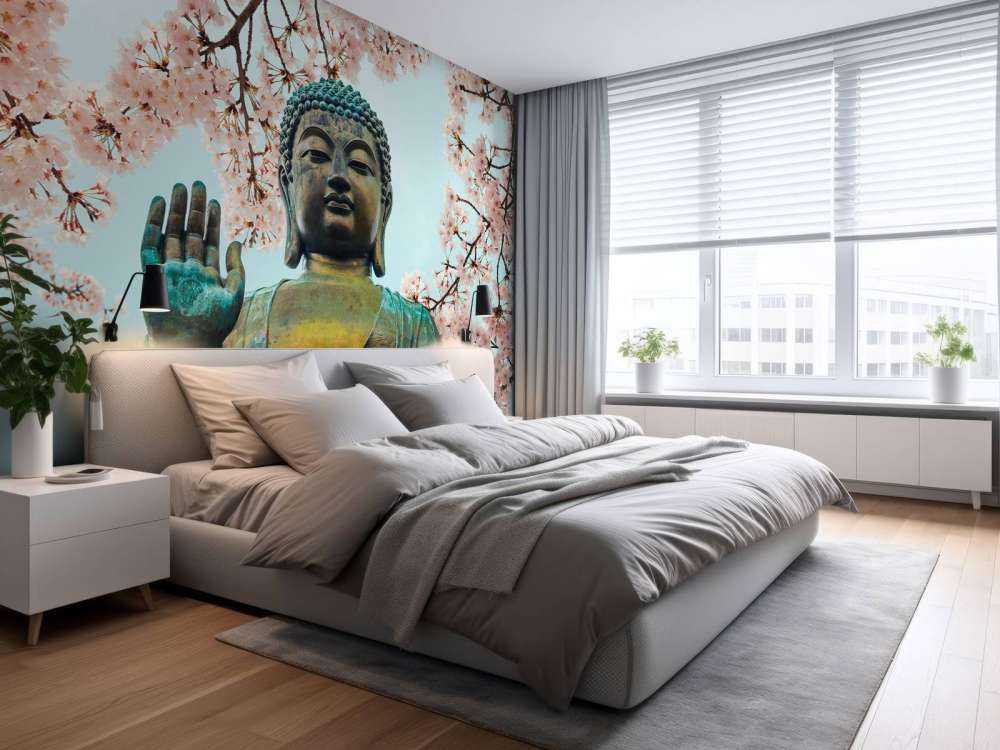 Bouddha entouré de fleurs de cerisier