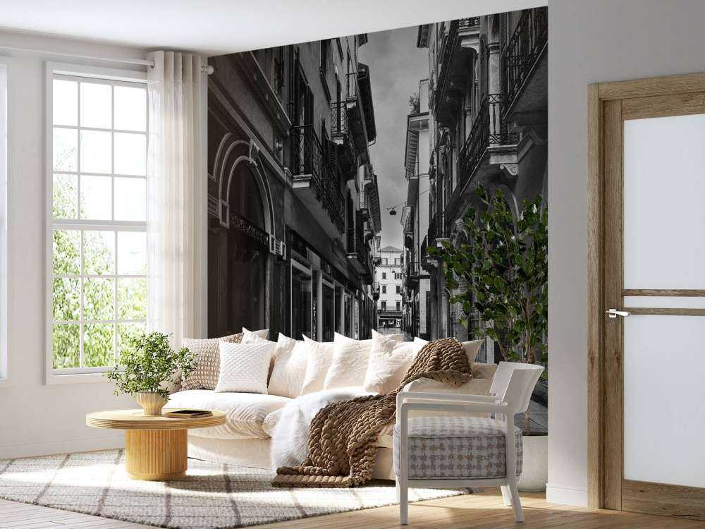 Rue commerçante en noir et blanc