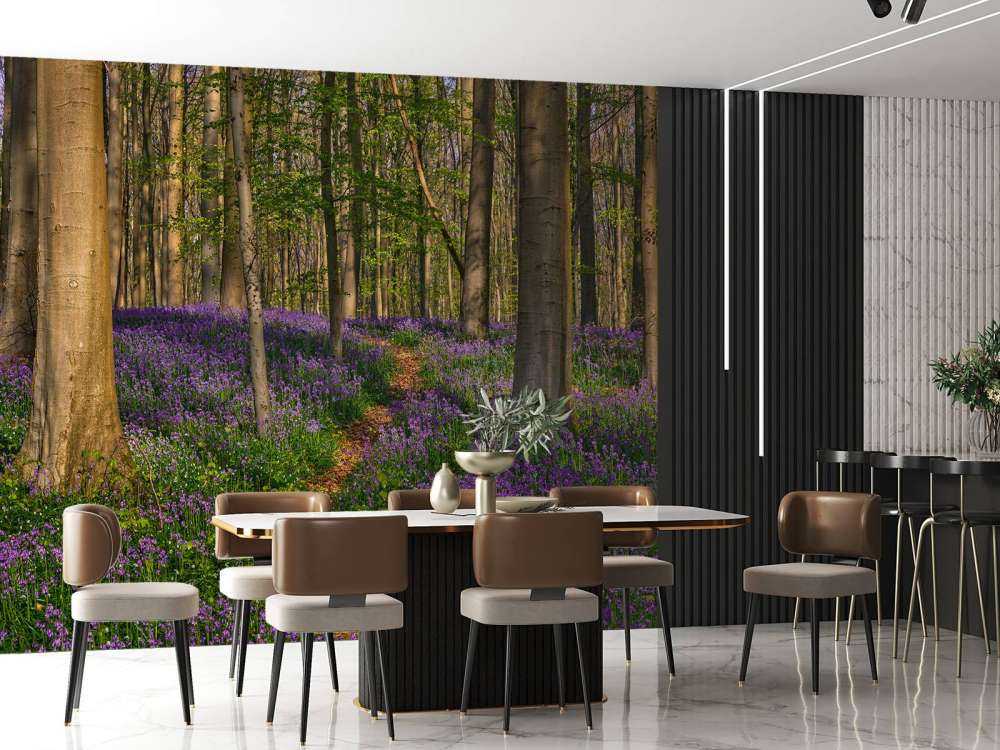 Chemin à travers une forêt avec des jacinthes