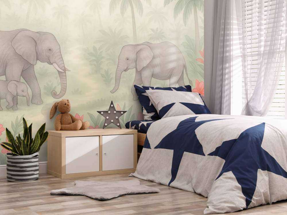 Promenade d'éléphants parmi les fleurs tropicales