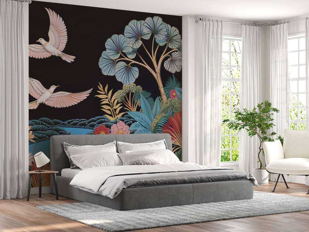 Paysage tropical avec des oiseaux blancs